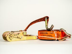 Canyon Rigging Canyon-Tuff 2 inch orange ratchet strap assembly with gold-zinc plated ratchet mechanism, wire J-hooks,