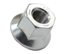 Zinc-plated Grade 8 flange nut with 5/8"-18 fine thread and integrated washer base for heavy-duty fastening applications