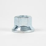 Close-up product image of a zinc-plated trailer wheel flange nut with a hexagonal design, shown against a white background.