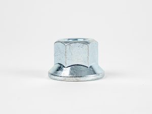 Close-up product image of a zinc-plated trailer wheel flange nut with a hexagonal design, shown against a white background.