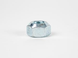 Close-up product image of a zinc-plated trailer wheel nut with a hexagonal design, shown against a white background. The durable wheel nut is designed for secure wheel mounting and reliable trailer performance.