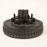 Complete one piece hub and drum kit for 3.5K to 7K axles with 5-lug, 6-lug, or 8-lug bolt patterns and 1/2 inch to 5/8 inch wheel studs on white background