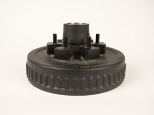 Complete one piece hub and drum kit for 3.5K to 7K axles with 5-lug, 6-lug, or 8-lug bolt patterns and 1/2 inch to 5/8 inch wheel studs on white background