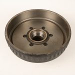 Complete one piece hub and drum kit for 3.5K to 7K axles with 5-lug, 6-lug, or 8-lug bolt patterns and 1/2 inch to 5/8 inch wheel studs on white background