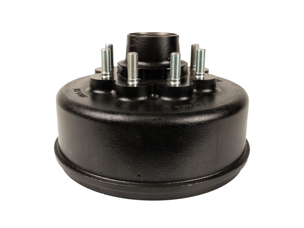Lippert 12-1/4 inch threaded brake hub assembly for 8K axles with 8 on 6-1/2 inch bolt pattern and 5/8 inch wheel studs isolated on white background