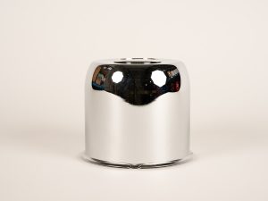 Chrome trailer wheel center cap with smooth dome design for Dexter EZ Lube axles.