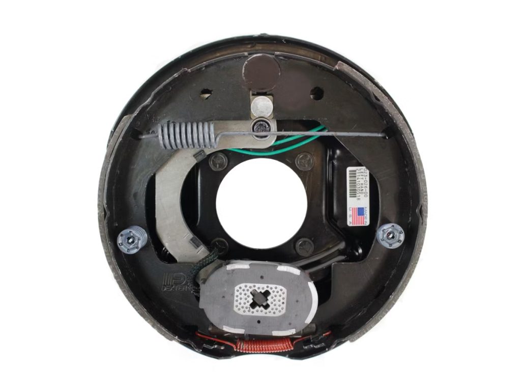 Electric drum brake assembly kit, left side, manual adjust, available in 10-inch and 12-inch sizes with 4-bolt and 5-bolt mount options, shown in black painted finish.