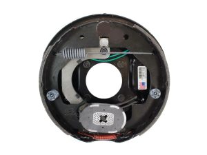 Electric drum brake assembly kit, left side, manual adjust, available in 10-inch and 12-inch sizes with 4-bolt and 5-bolt mount options, shown in black painted finish.