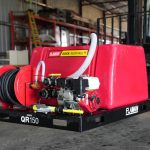 150-gallon truck-mounted fire suppression skid with gas engine, featuring a tank, pump system, and hose reel designed for rapid emergency fire response and mobile firefighting applications.