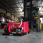 150-gallon truck-mounted fire suppression skid with gas engine, featuring a tank, pump system, and hose reel designed for rapid emergency fire response and mobile firefighting applications.