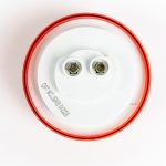 Back of red 2 inch Round 3-LED Grommet Mount Marker Light. Shows 2-prong PL-10 plug for easy installation.