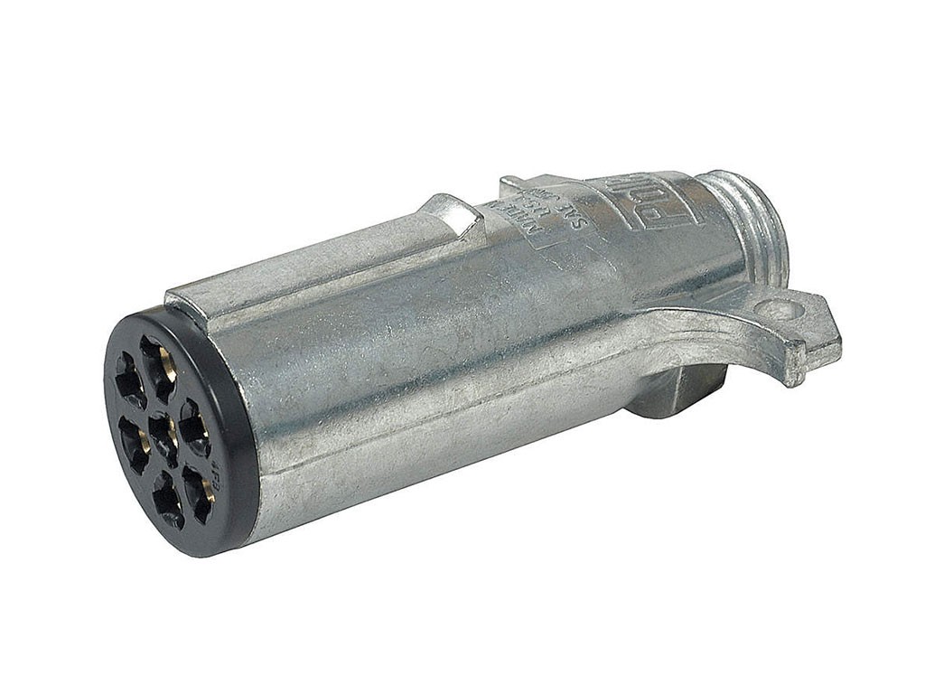 Heavy-duty 7-pole metal trailer plug with round female terminals on a black insert face and a die-cast zinc housing.