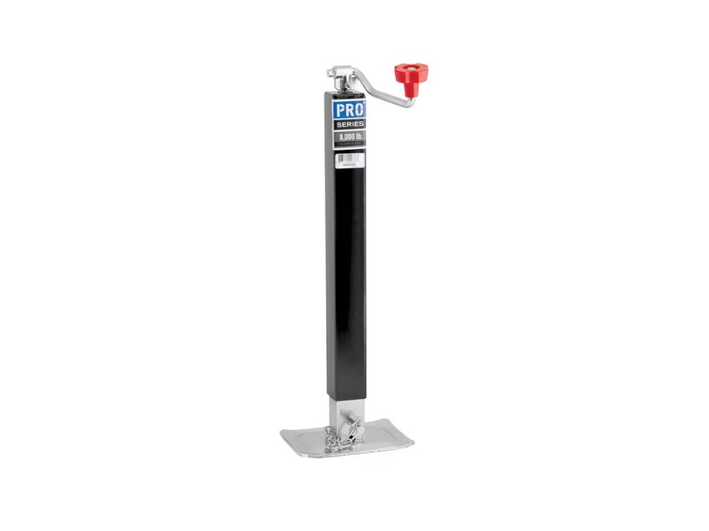 Pro Series 8,000 lb. capacity square trailer jack with top-wind hand crank and red knob.