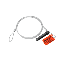 Breakaway switch cable with a black nylon replacement pin, coiled steel lanyard cable, and bright orange warning tag.