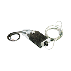Nylon Breakaway Switch with Weldable Tab featuring a black housing, metal mounting bracket, wire leads, and a braided steel cable.