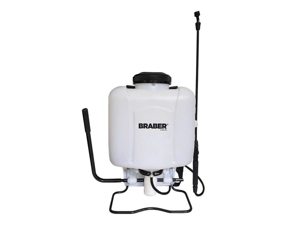 Braber 4.23 gallon (16 liter) white translucent backpack sprayer with a black manual pump handle, base frame, and spray wand on a white background.