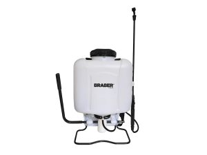 Braber 4.23 gallon (16 liter) white translucent backpack sprayer with a black manual pump handle, base frame, and spray wand on a white background.