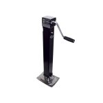Black square sidewind trailer jack with top metallic cap, crank handle, and wide footplate.