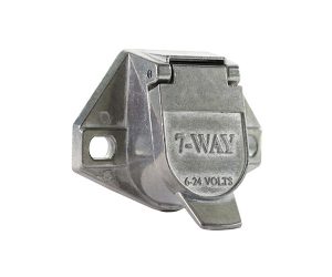 Angled view of Buyers Products TC1007 die-cast zinc 7-way round pin trailer socket with spring-loaded dust cover.