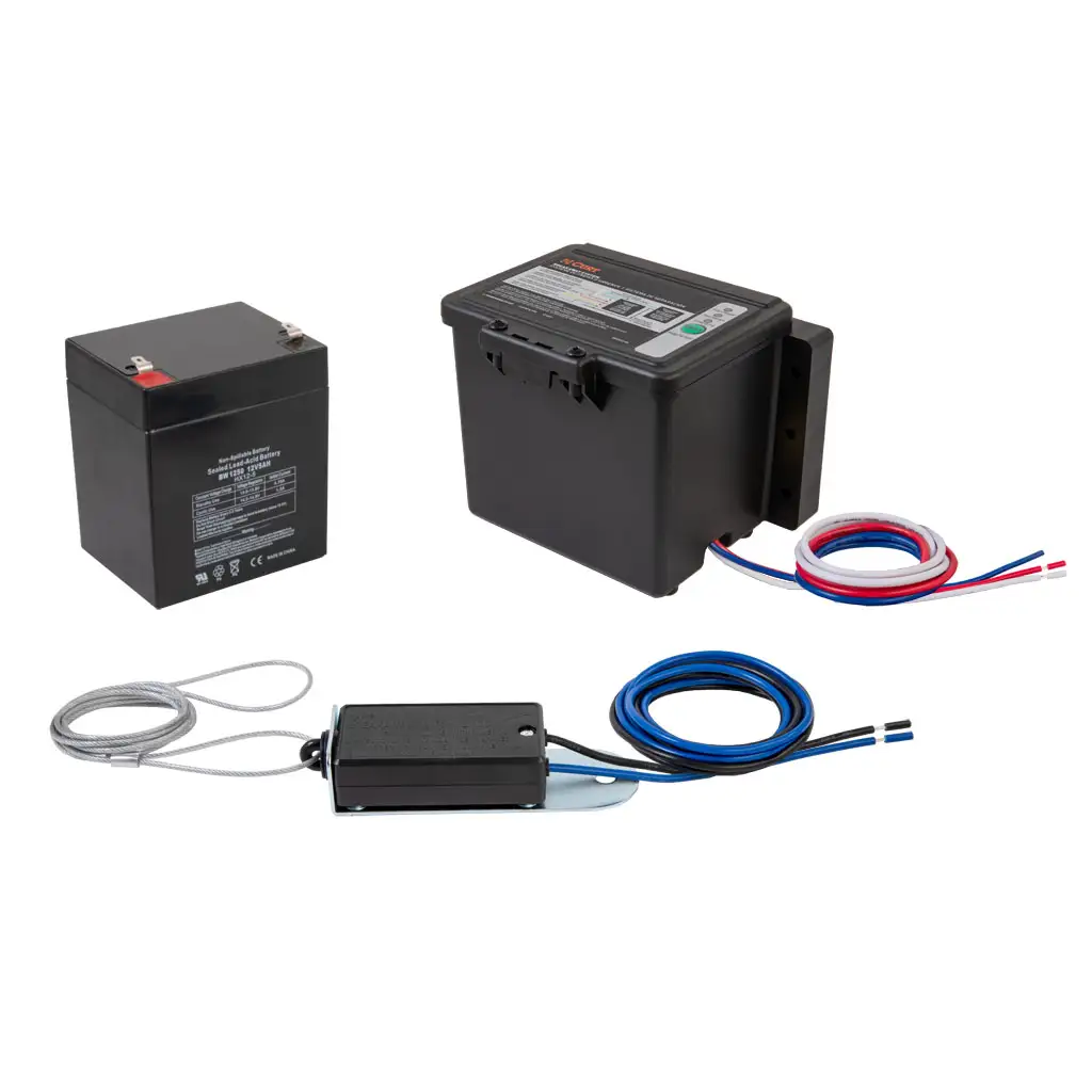 CURT Push-to-Test trailer breakaway kit featuring a 12V rechargeable battery, top-loading battery case with wiring, and breakaway switch with steel lanyard.