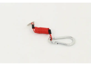 4 ft Coiled Breakaway Cable with red polymer coating, silver carabiner, split ring, and black crimp sleeves.