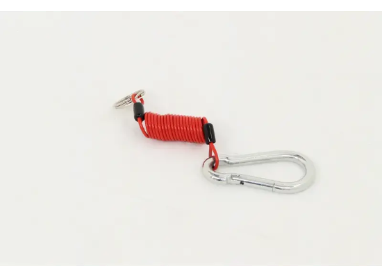 4 ft Coiled Breakaway Cable with red polymer coating, silver carabiner, split ring, and black crimp sleeves.