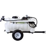 Workhorse Sprayers 40-gallon tow-behind lawn sprayer with white poly tank, pneumatic tires, top-mounted pump assembly with pressure gauge, spray wand with coiled hose, and rear foldable boom arms.