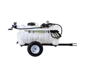 Workhorse Sprayers 40-gallon tow-behind lawn sprayer with white poly tank, pneumatic tires, top-mounted pump assembly with pressure gauge, spray wand with coiled hose, and rear foldable boom arms.