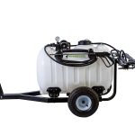 Workhorse Sprayers 60-gallon pull-behind lawn sprayer with white poly tank, pneumatic tire, 12V pump assembly with pressure gauge, spray wand with hose, and rear folding boom breakaway arm on a black trailer frame.
