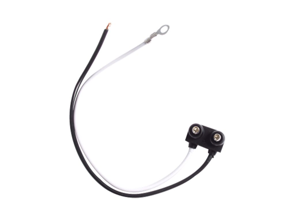 Direct view of Optronics A46PB 2-wire plug-in trailer marker light pigtail harness with dual pin connector, stripped lead, and ground ring terminal.