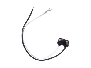 Direct view of Optronics A46PB 2-wire plug-in trailer marker light pigtail harness with dual pin connector, stripped lead, and ground ring terminal.