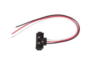 Direct view of Optronics A47PB 3-wire right-angle PL-3 plug-in trailer stop, turn, and tail light pigtail harness with color-coded leads.