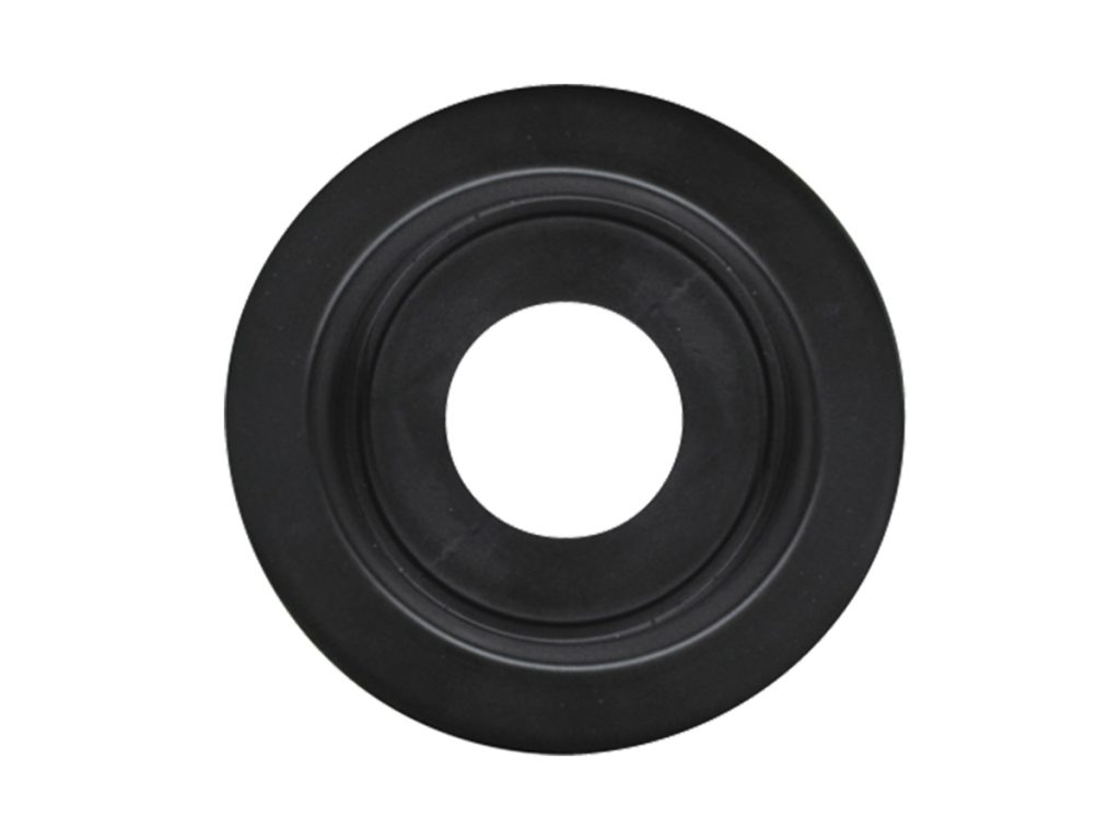 Direct front view of Optronics A54PB 2-inch round black rubber trailer clearance marker light mounting grommet.