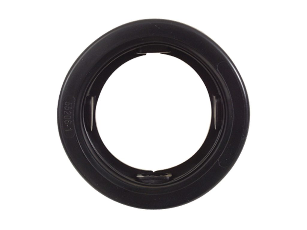 Direct front view of Optronics A57PB 2.5-inch round black rubber trailer clearance marker light open-back mounting grommet stamped 55206-1.