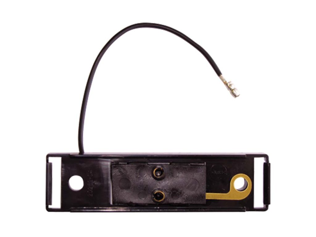 Direct view of Optronics A65B ThinLine trailer clearance marker light mounting bracket base with grounding strap and wire lead.