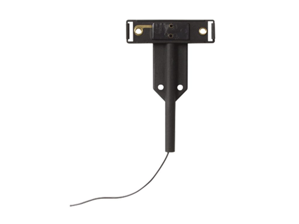 Direct front view of Optronics A65PB ThinLine trailer fender marker light mounting bracket with extended arm and wire lead.