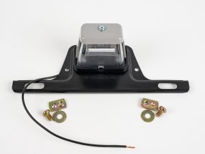 Round Mini License Plate Light with Steel Bracket, single black power wire, & mounting hardware. Illuminates license number.