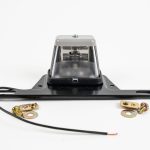 Round Mini License Plate Light with Steel Bracket, single black power wire, & mounting hardware. Illuminates license number.