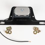 Top of Round Mini License Plate Light with Steel Bracket, single black power wire, & mounting hardware.