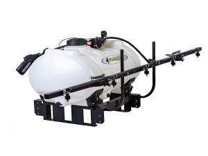 Workhorse Sprayers ATV mounted spot and boom sprayer with a white polyethylene tank, 12V pump, handheld spray wand, and folding steel spray boom against a white background.
