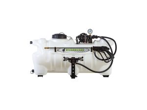Workhorse Sprayers 25-gallon boomless ATV sprayer with white poly tank, 12V pump manifold, pressure gauge, hand spray wand, and boomless spray nozzle bracket.
