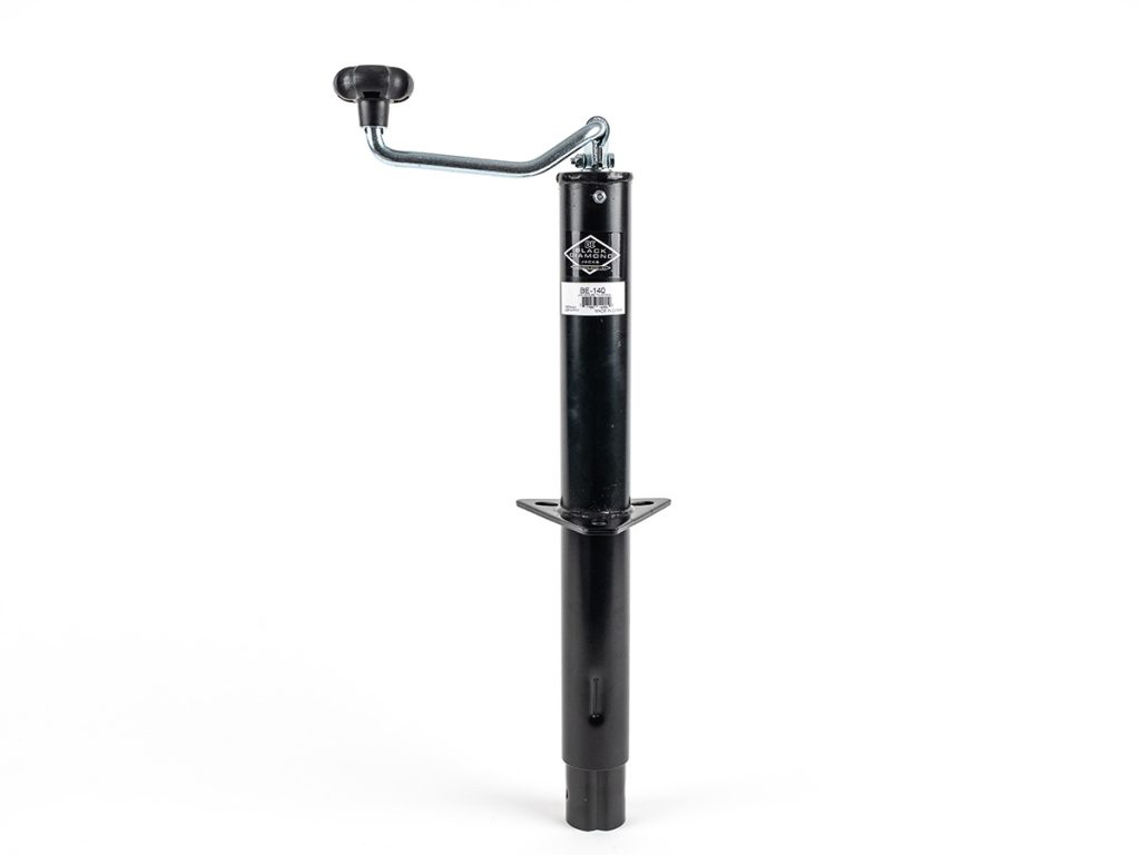 Black Diamond 2,000 lbs A-frame trailer jack with top-wind handle and triangular bolt-on mounting plate on a white background.