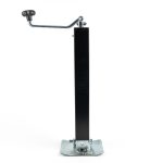 RAM heavy-duty square drop-leg trailer jack with top-wind handle, black powder-coated outer tube, zinc-plated footplate, and quick-release drop-leg pin on a chain against a white background.