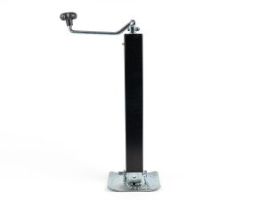 RAM heavy-duty square drop-leg trailer jack with top-wind handle, black powder-coated outer tube, zinc-plated footplate, and quick-release drop-leg pin on a chain against a white background.