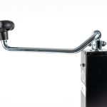 BE Power Equipment heavy-duty square drop-leg trailer jack with top-wind handle, black powder-coated outer tube, zinc-plated footplate, and safety pin on a chain against a plain white background.