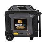 BE10500IT portable 10,500W tri-fuel electric start inverter generator featuring enclosed grey and black casing, wheels, and folding handle on a plain white background.