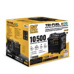 BE10500IT portable 10,500W tri-fuel electric start inverter generator featuring enclosed grey and black casing, wheels, and folding handle on a plain white background.