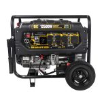 BE12500T commercial 12,500W tri-fuel electric start generator featuring a steel roll cage frame, wheel kit, folding handle, and versatile control panel on a white background.