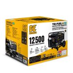 BE12500T commercial 12,500W tri-fuel electric start generator featuring a steel roll cage frame, wheel kit, folding handle, and versatile control panel on a white background.