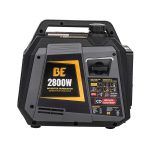 BE2800I portable 2800W inverter generator featuring a compact black and yellow casing, built-in carry handle, automatic carbon monoxide detector, and recoil start on a white background.